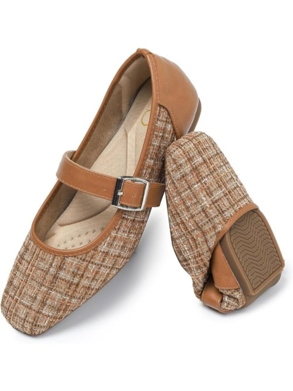 Women's Brown Tweed Mary Jane Square Toe Ballet Flat With Adjustable Strap Shoes